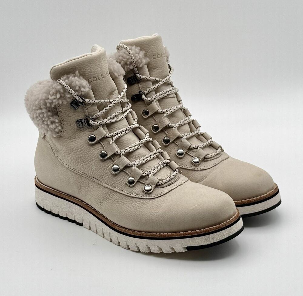Cole Haan GrandExplore Beige Fur Lace up Leather Waterproof Boot Women's Size 8B